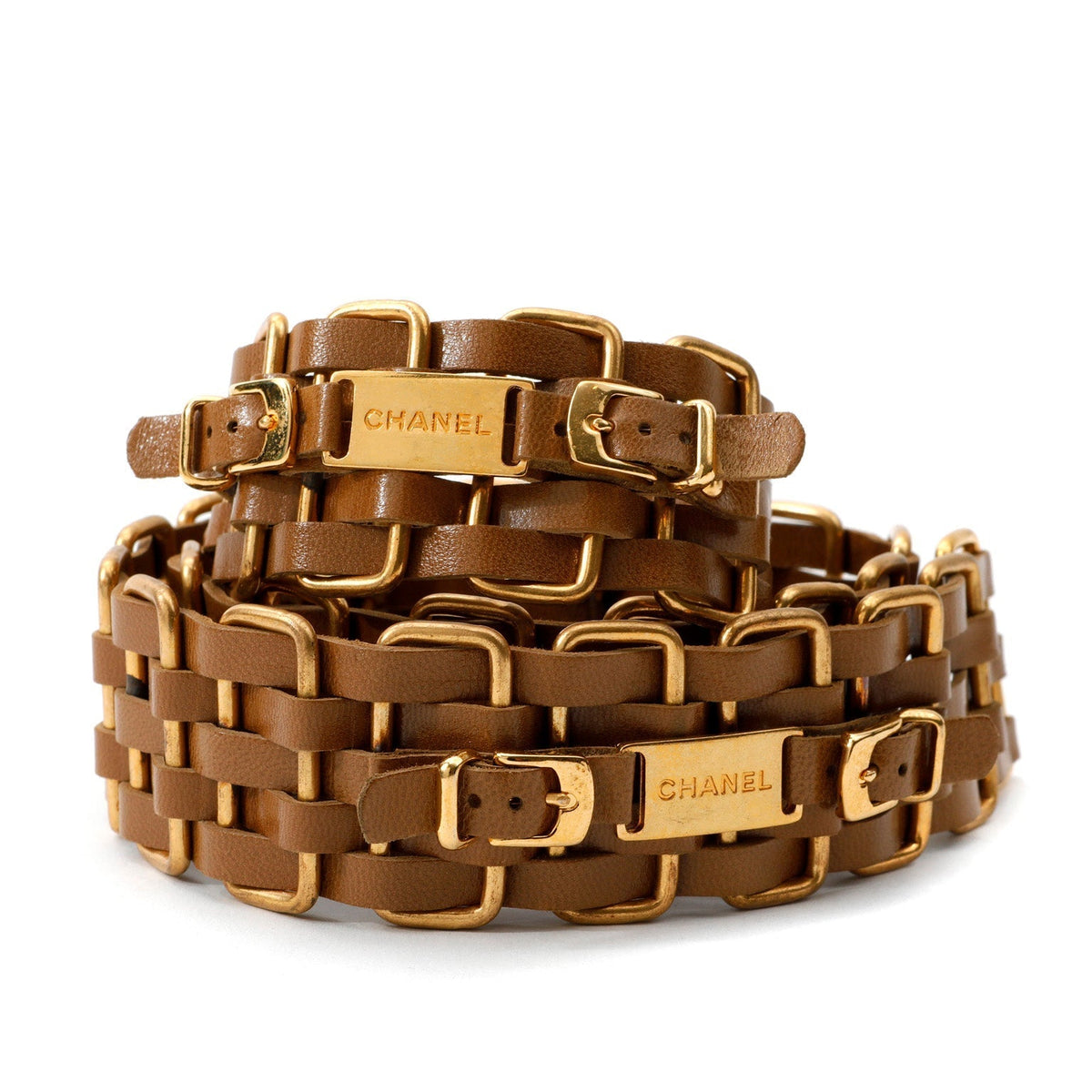 Chanel Brown Woven Leather Belt with Gold Chanel Buckle