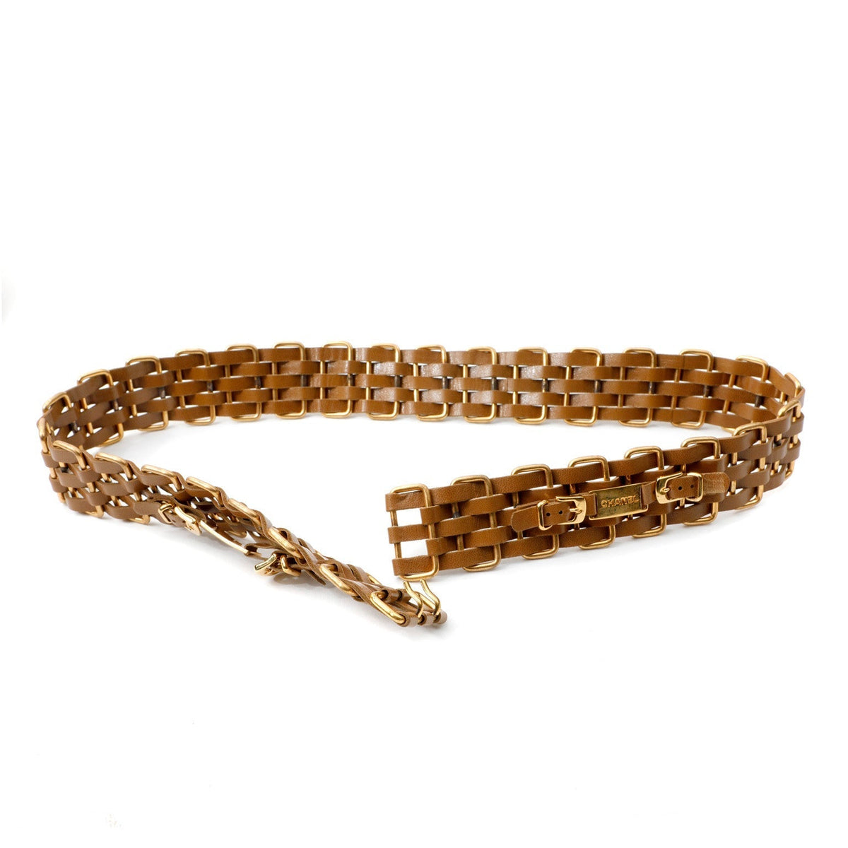 Chanel Brown Woven Leather Belt with Gold Chanel Buckle