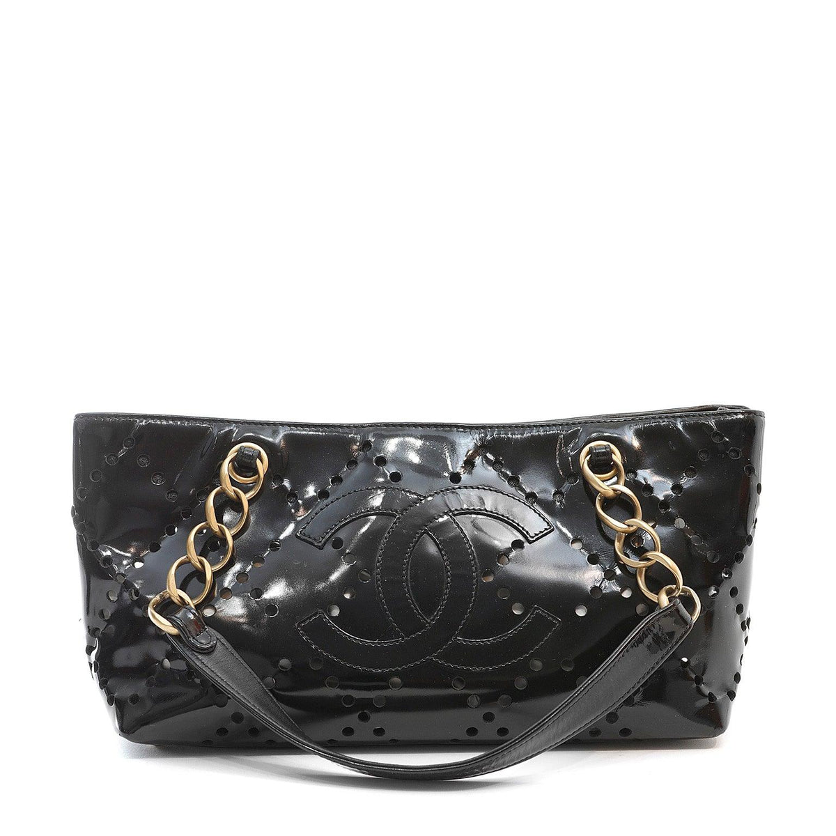 Chanel Black Patent Leather Perforated CC Tote