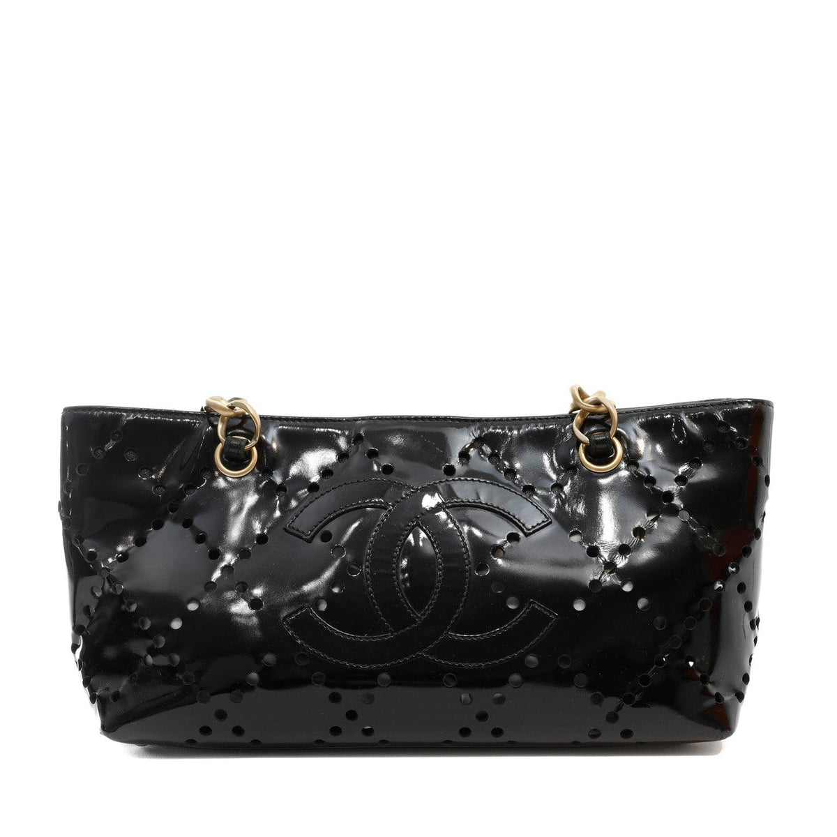 Chanel Black Patent Leather Perforated CC Tote