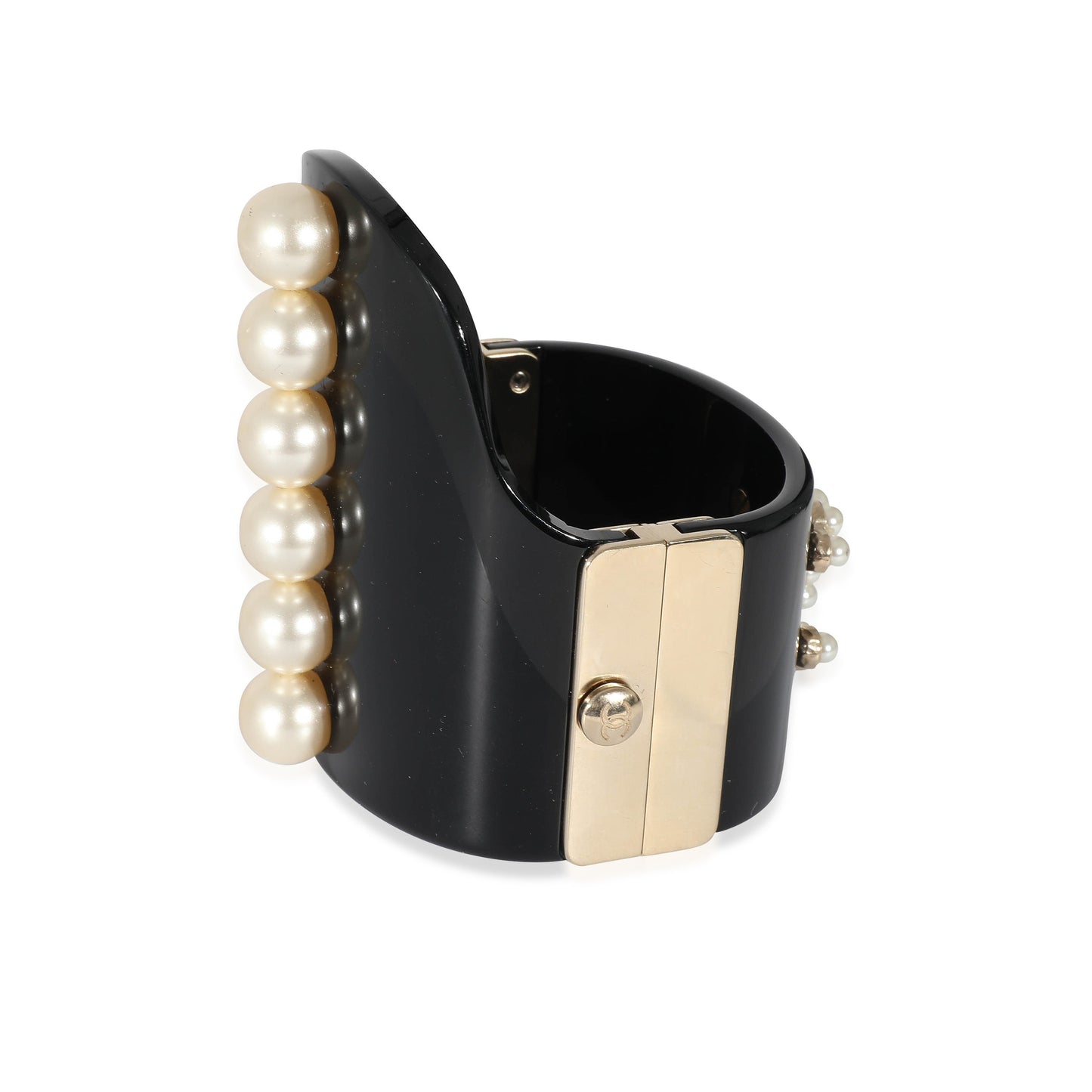 2015 Gold Tone Resin Hinged Bangle Bracelet With Faux Pearls