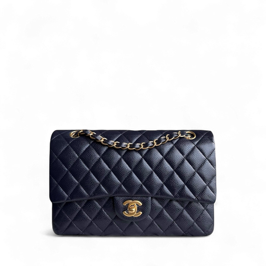 Chanel Classic Flap Medium - Caviar 25CM Quilted Grained Calfskin Dark Navy Midnight Blue Gold Hardware Series 21