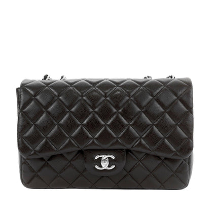 Chanel Chocolate Brown Caviar Jumbo Classic w/ Silver Hardware