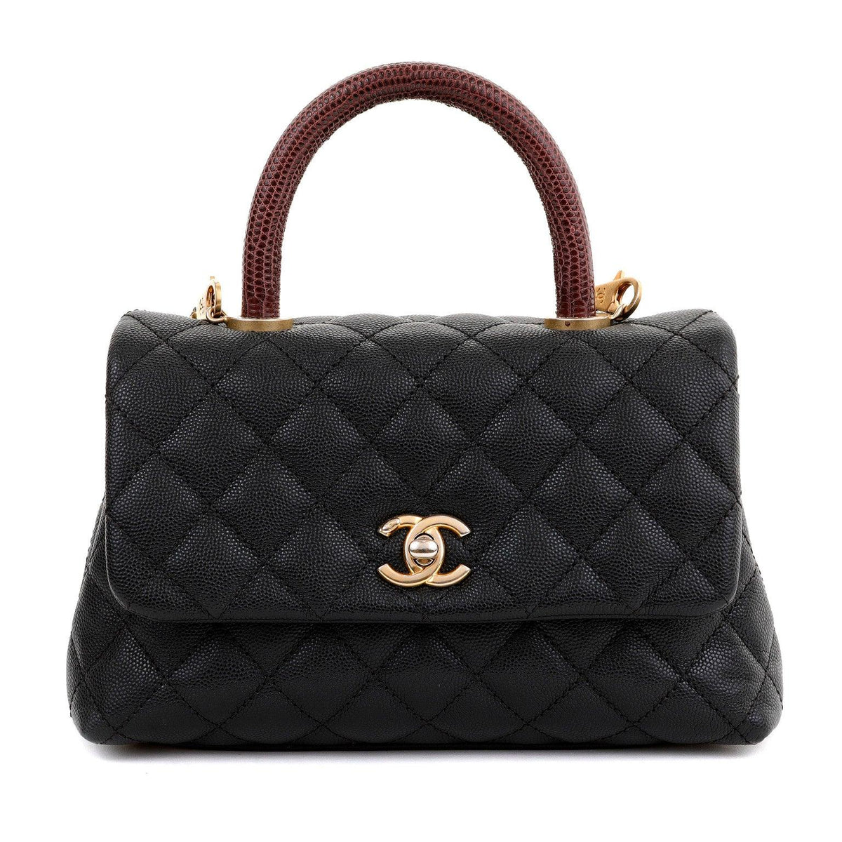 Chanel Black Caviar Lizard Coco Handle Small Flap Bag with Gold Hardware