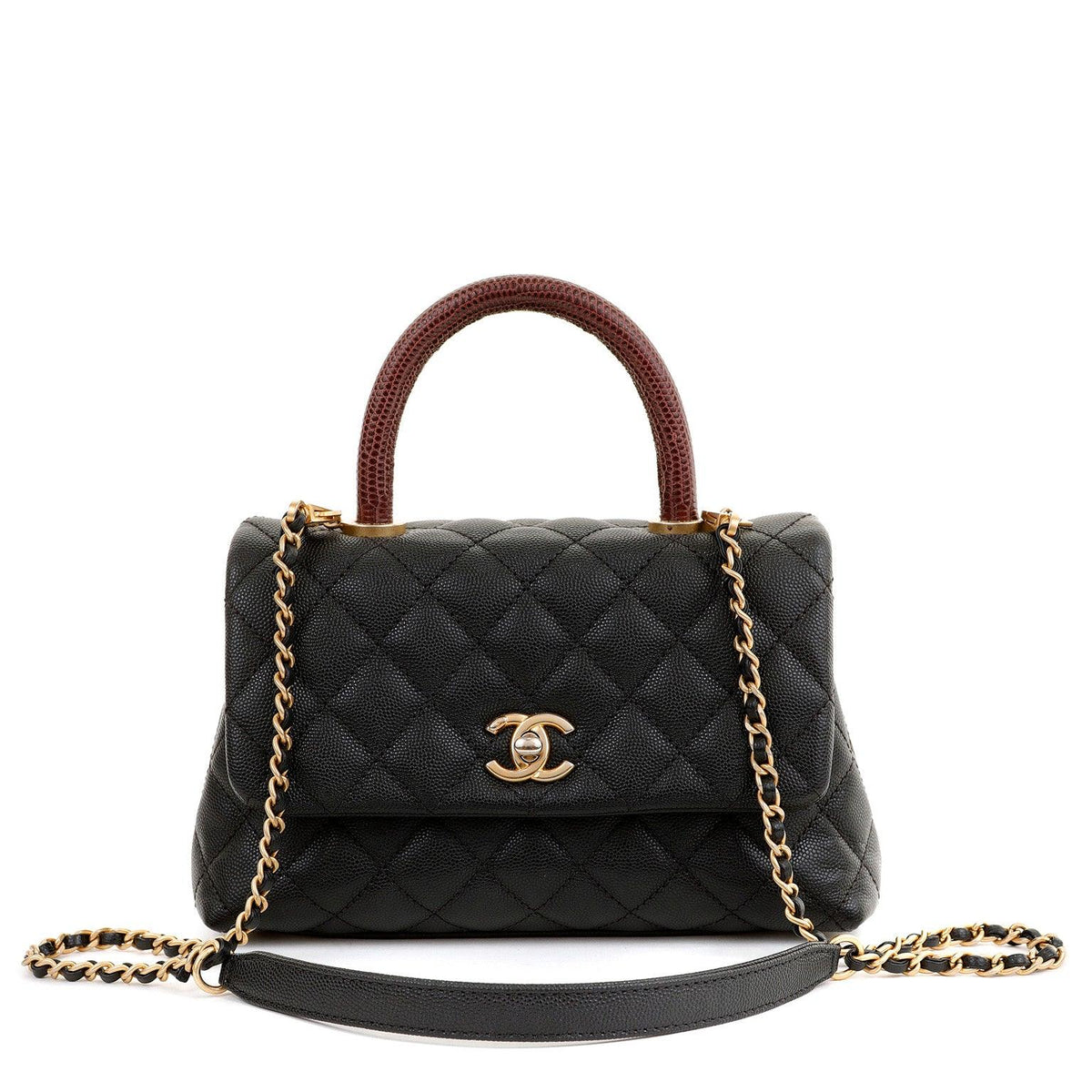 Chanel Black Caviar Lizard Coco Handle Small Flap Bag with Gold Hardware
