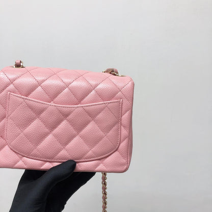 Vintage Mini Square Flap Bag in Pink Quilted Caviar Leather GHW