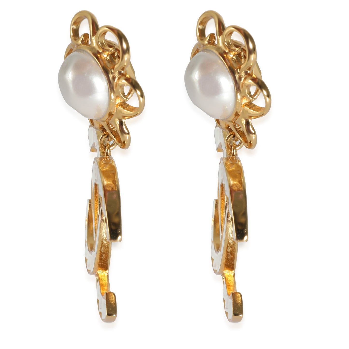 CHANEL CC Dangle Earrings with Faux Pearls & White Enamel I 23 C