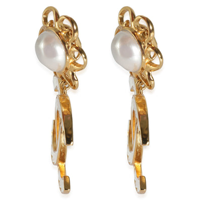 CHANEL CC Dangle Earrings with Faux Pearls & White Enamel I 23 C
