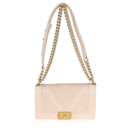 Beige Caviar Suede Calfskin Chevron Medium Boy Bag