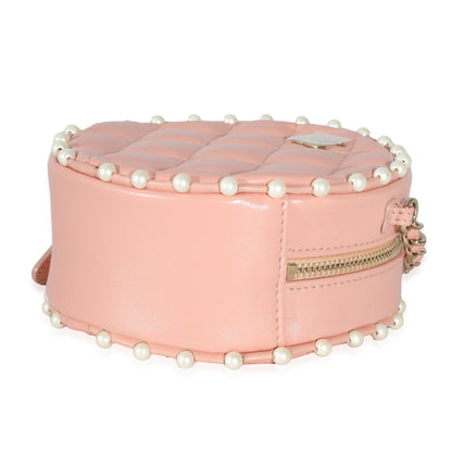 Pink Quilted Calfskin Pearl Round Clutch With Chain