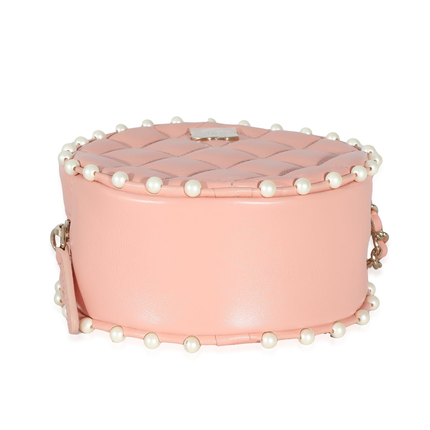 Pink Quilted Calfskin Pearl Round Clutch With Chain