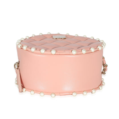Pink Quilted Calfskin Pearl Round Clutch With Chain