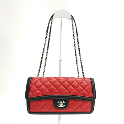 Chanel Baguette Flap Shoulder Bag Lambskin Red and Black Silver Double Chain