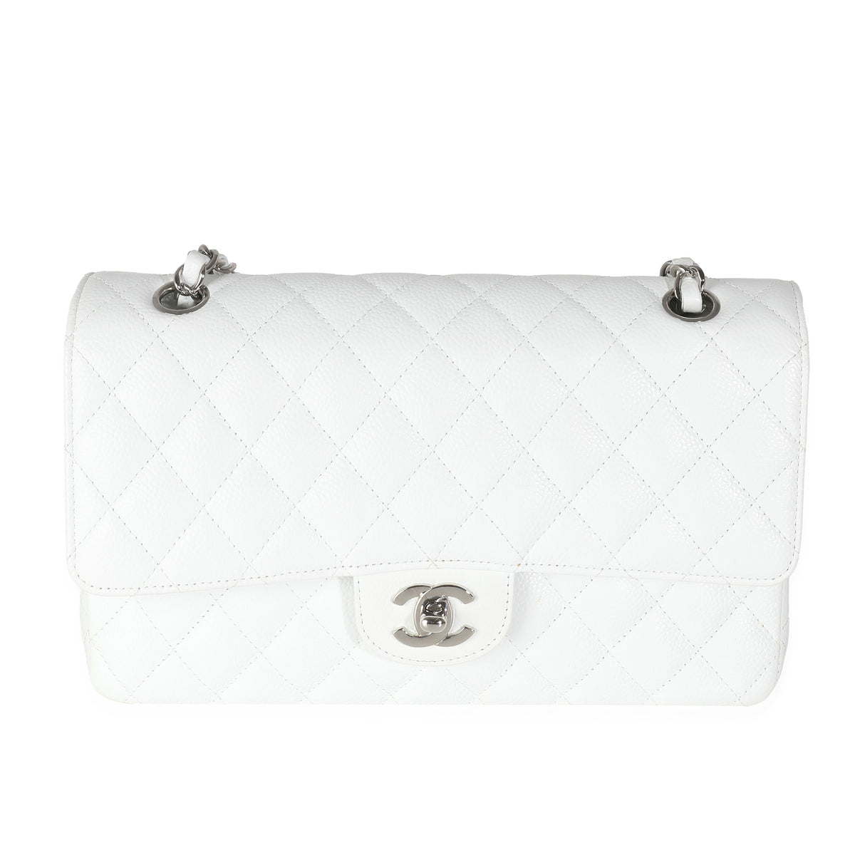 White Quilted Caviar Medium Classic Double Flap Bag