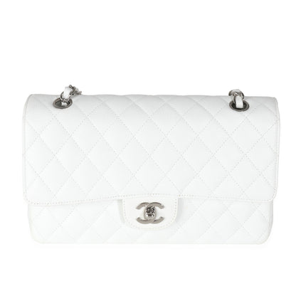 White Quilted Caviar Medium Classic Double Flap Bag