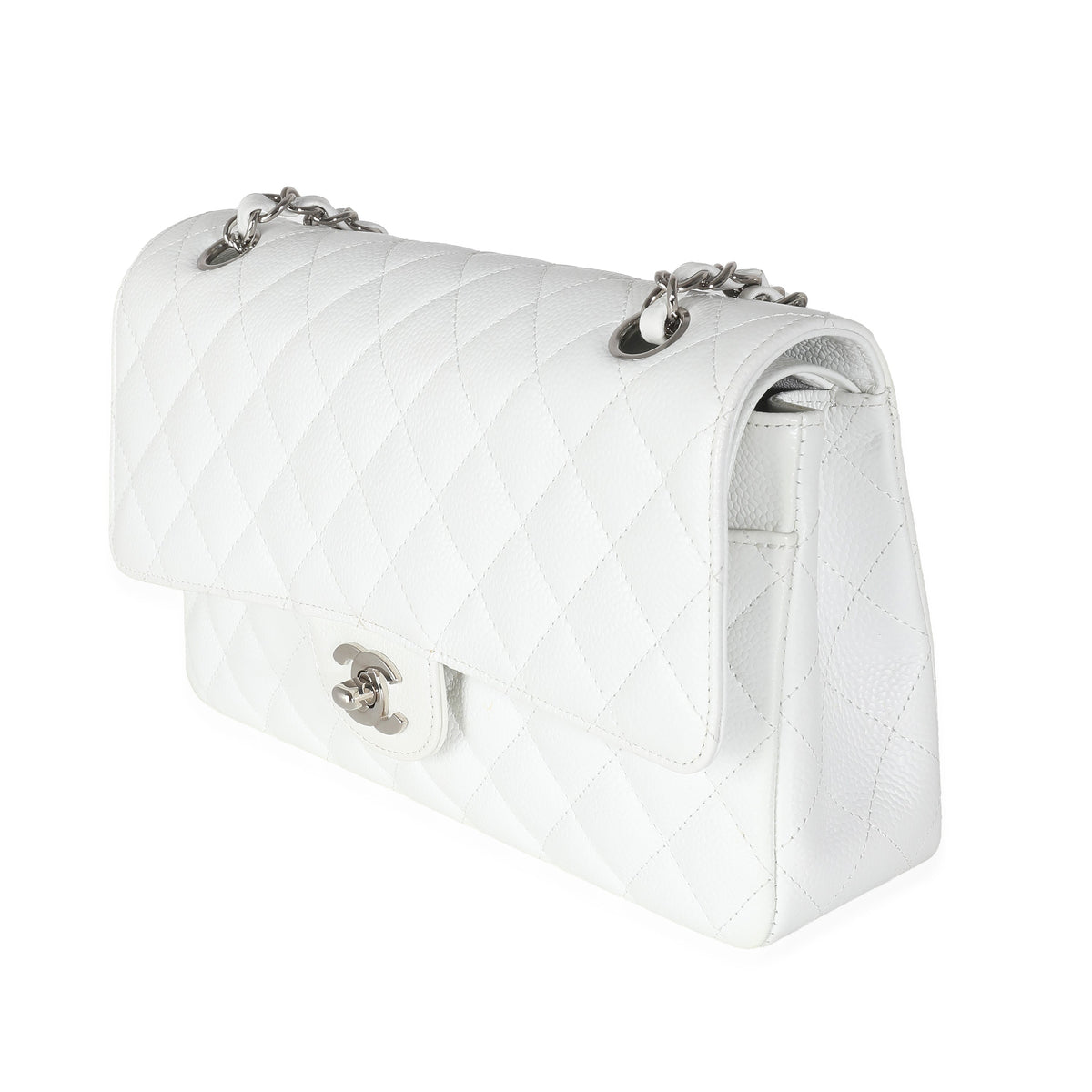 White Quilted Caviar Medium Classic Double Flap Bag