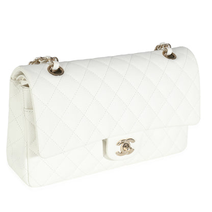 White Quilted Caviar Medium Classic Double Flap Bag