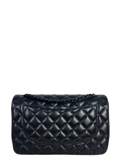 Chanel SO Black Lambskin Leather Quilted Classic Double Flap Jumbo Bag