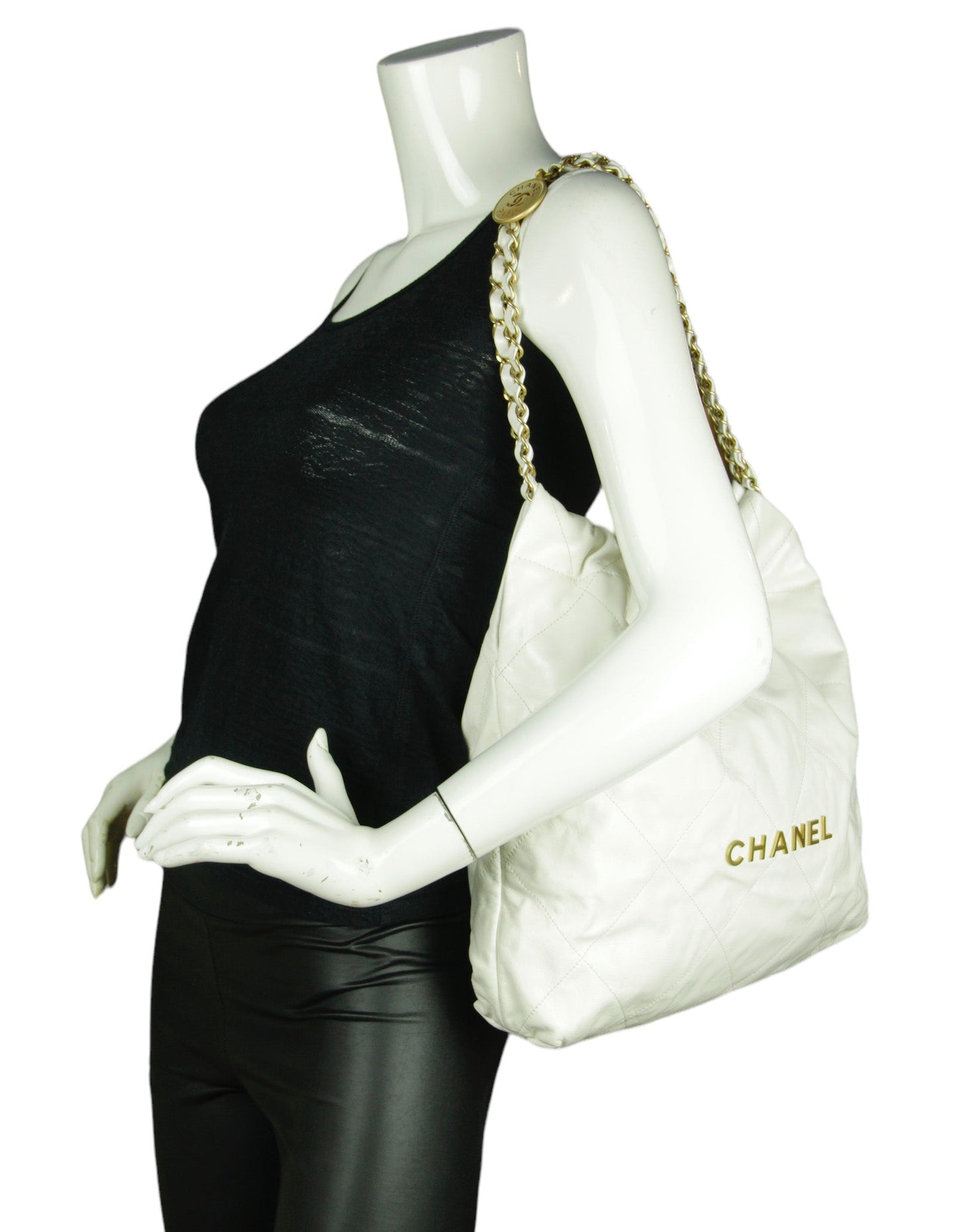 Chanel White Leather Quilted Chanel 22 Tote