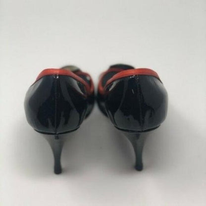 Fendi Black Red Gold Coin Accent Open Toe Heels