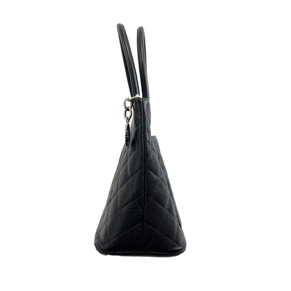 CHANEL CC Medallion Black Diamond Quilted Caviar Leather Tote / Shoulder Bag