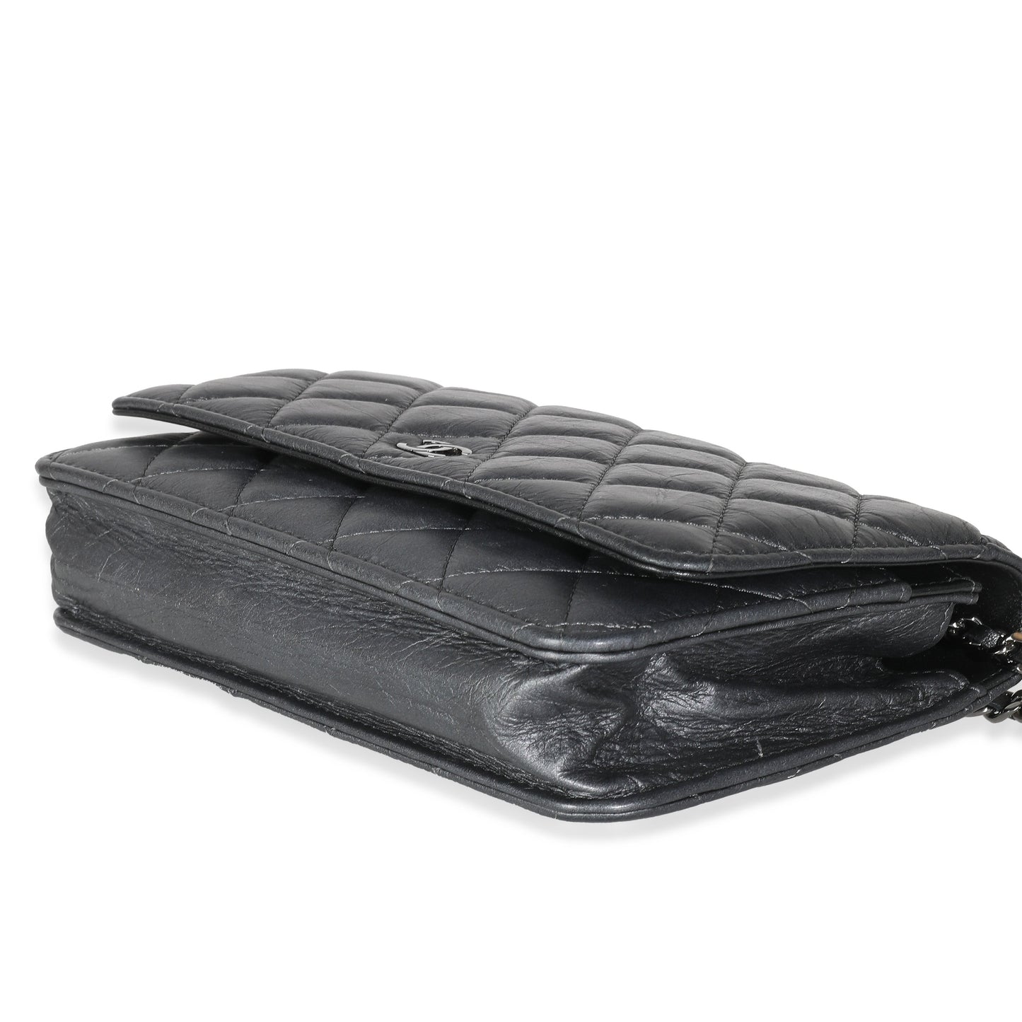 Dark Silver Iridescent Aged Quilted Calfskin Tassel Wallet On Chain