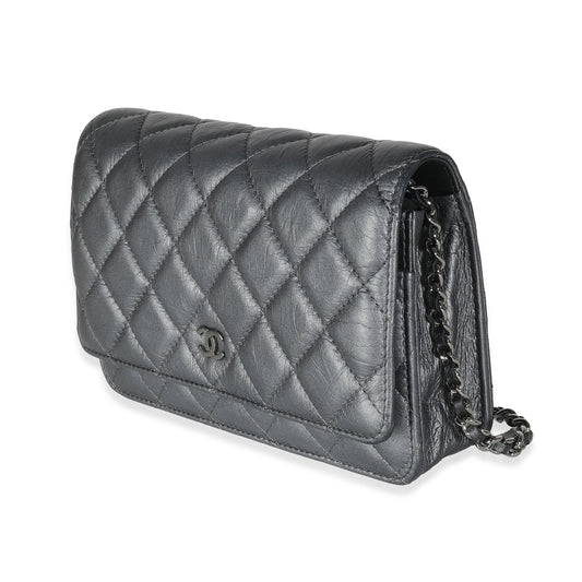 Dark Silver Iridescent Aged Quilted Calfskin Tassel Wallet On Chain