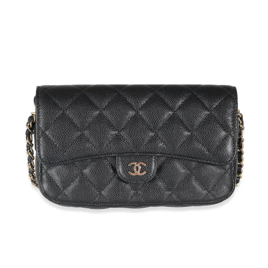 Chanel Black Quilted Caviar New Phone Holder With Chain