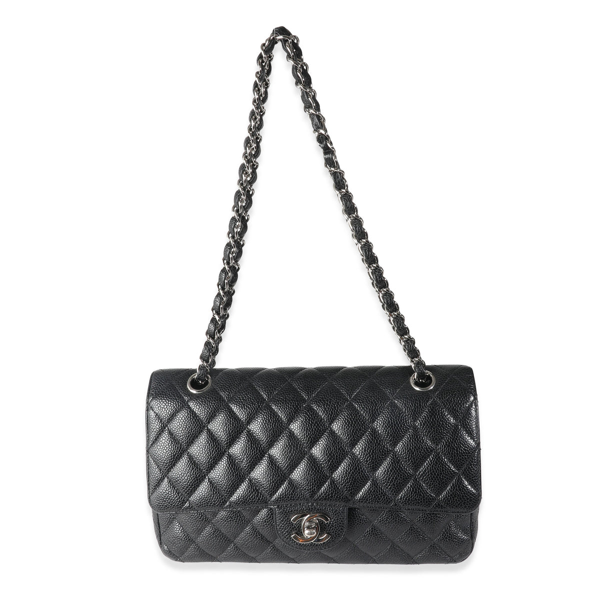 Black Quilted Caviar Medium Classic Double Flap Bag