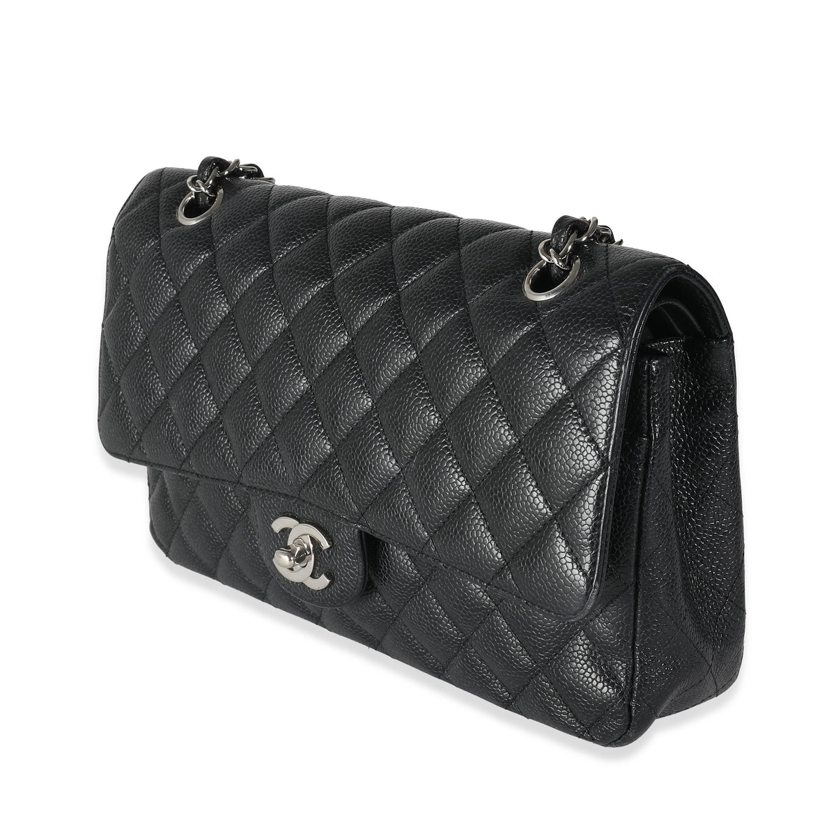 Black Quilted Caviar Medium Classic Double Flap Bag