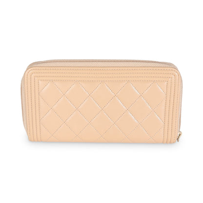 CHANEL Beige Quilted Lambskin Zip Around Boy Wallet