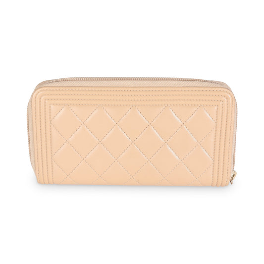CHANEL Beige Quilted Lambskin Zip Around Boy Wallet