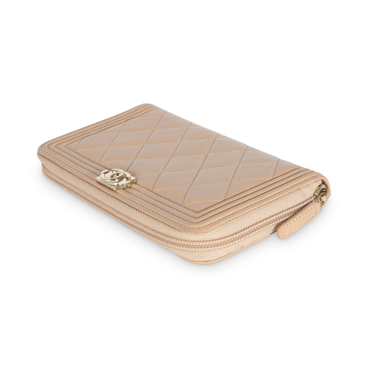 Beige Quilted Lambskin Zip Around Boy Wallet