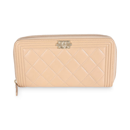 CHANEL Beige Quilted Lambskin Zip Around Boy Wallet