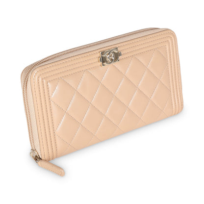 Beige Quilted Lambskin Zip Around Boy Wallet