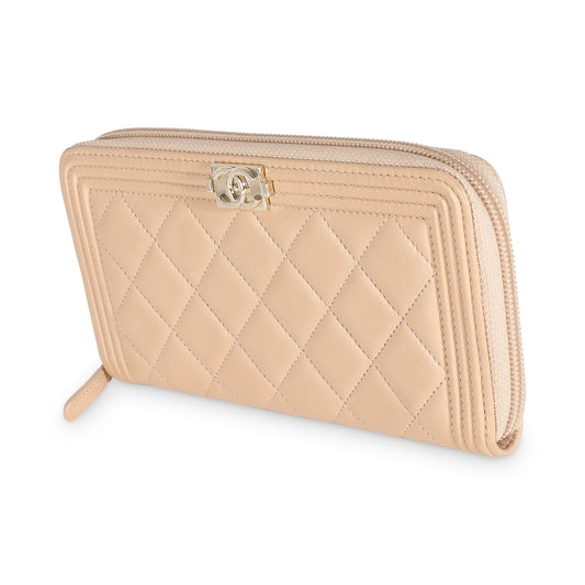 Beige Quilted Lambskin Zip Around Boy Wallet