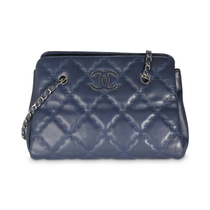 Navy Calfskin Double Stitch Small Hamptons Tote