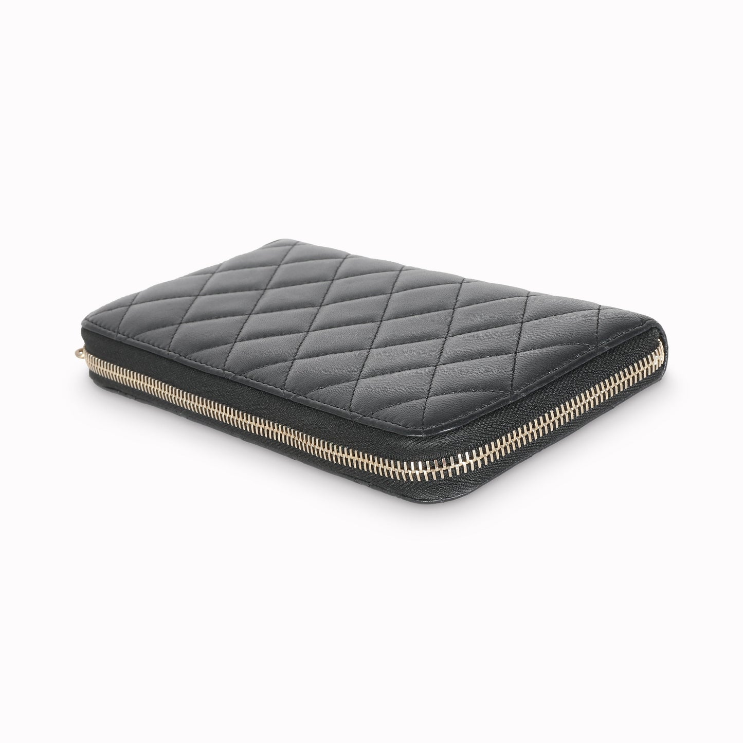 Gunmetal Metallic Quilted Lambskin Zip Around Wallet