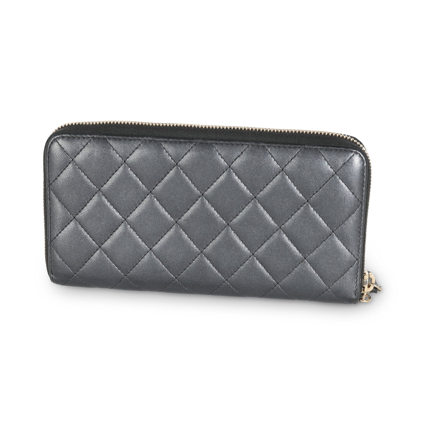 Gunmetal Metallic Quilted Lambskin Zip Around Wallet