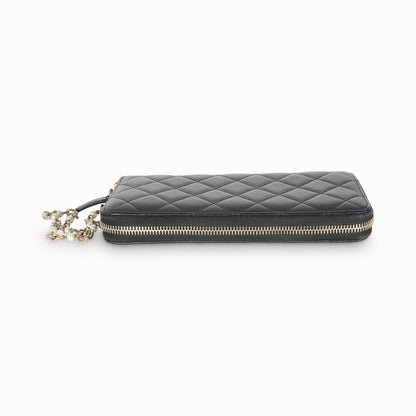 Gunmetal Metallic Quilted Lambskin Zip Around Wallet