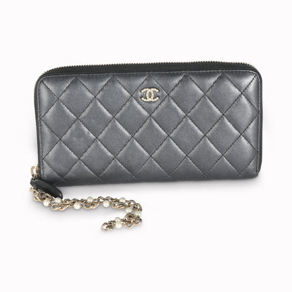 Gunmetal Metallic Quilted Lambskin Zip Around Wallet