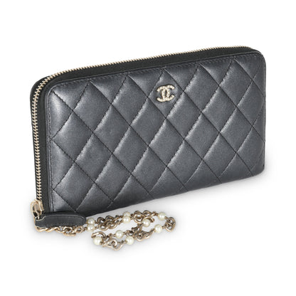 Gunmetal Metallic Quilted Lambskin Zip Around Wallet