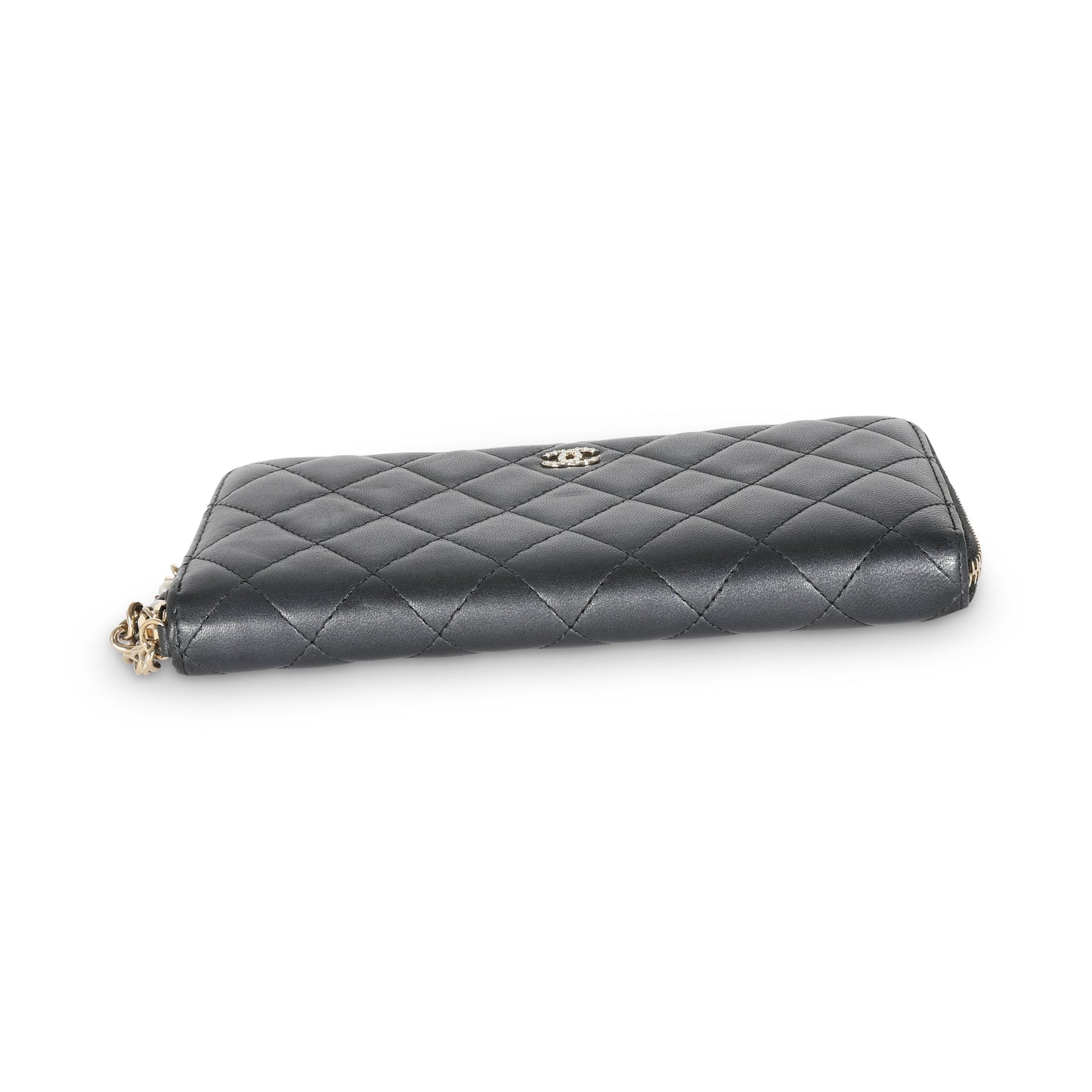 Gunmetal Metallic Quilted Lambskin Zip Around Wallet