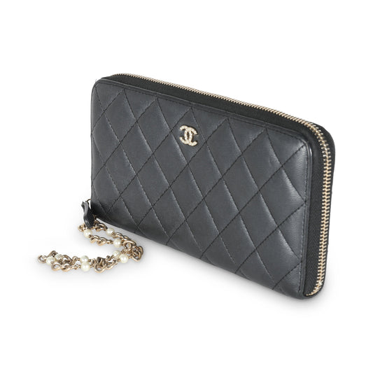 Gunmetal Metallic Quilted Lambskin Zip Around Wallet