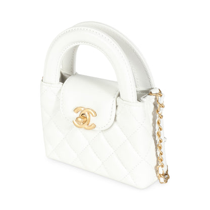 White Shiny Aged Quilted Calfskin Mini Nano Kelly Shopper