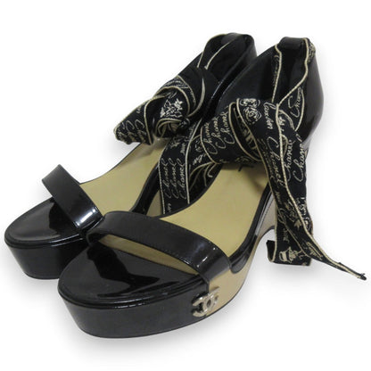 Chanel Patented Leather Platform Ribbon Ankle Strap Sandals