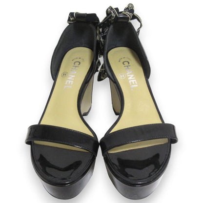 Chanel Patented Leather Platform Ribbon Ankle Strap Sandals