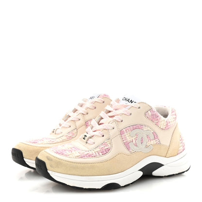 Tweed Suede Calfskin Womens CC Sneakers 35 Pink Ecru