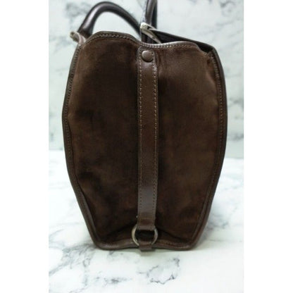 unique, Gucci, brown suede and leather, vintage '1973' top handle shoulder bag with a bold gold GG accent