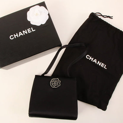 CHANEL Around 2000 Made Silk Satin Rhinestone Camellia Cc Mark Mini Top Handle Bag Black